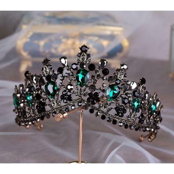 Green Black Rhinestone Bronze Tone Metal Tiara Crown Elegant Bridal Prom NEW - Picture 6 of 10